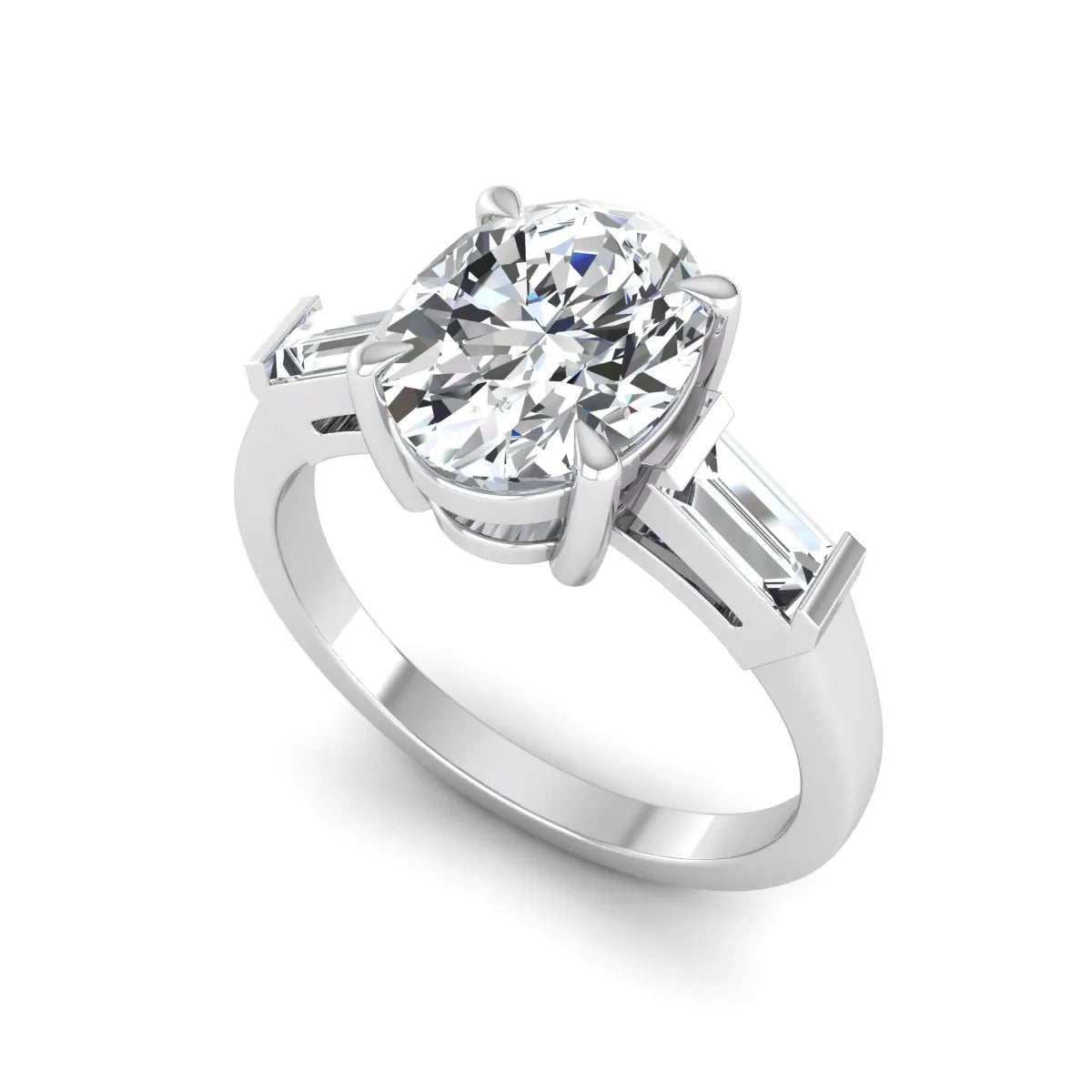 IGI Certified 1.86 carat oval cut lab grown diamond three stone engagement ring with baguette side diamonds in white gold.