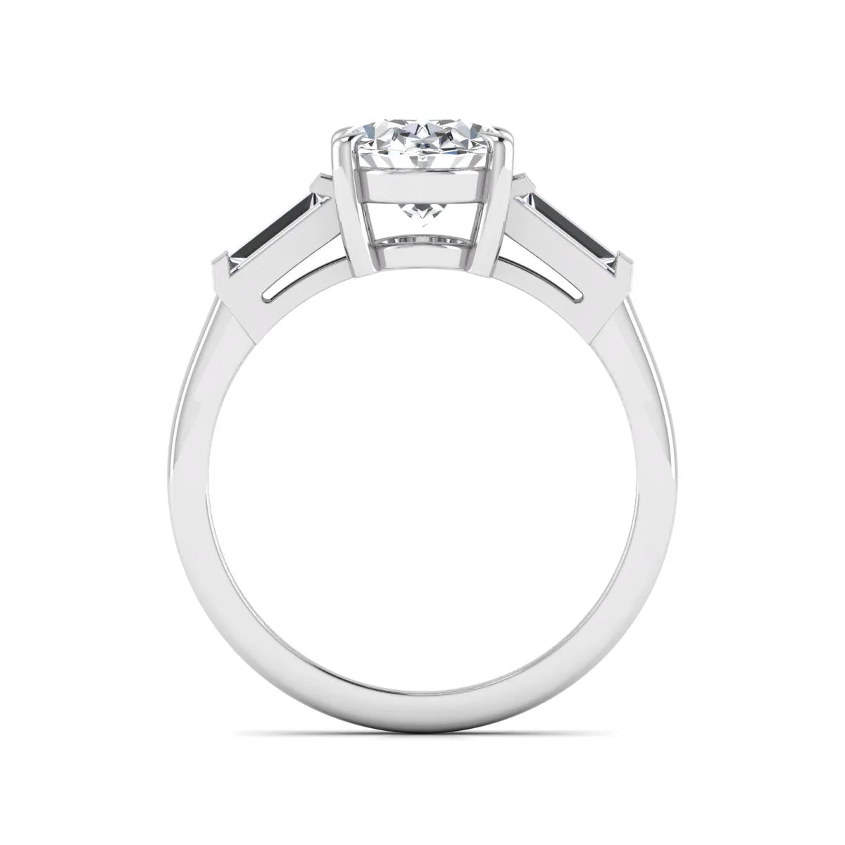 IGI Certified 1.86 carat oval cut lab grown diamond three stone engagement ring with baguette side diamonds in white gold.