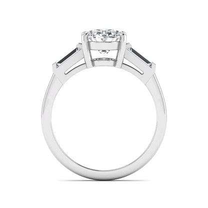 IGI Certified 1.86 carat oval cut lab grown diamond three stone engagement ring with baguette side diamonds in white gold.