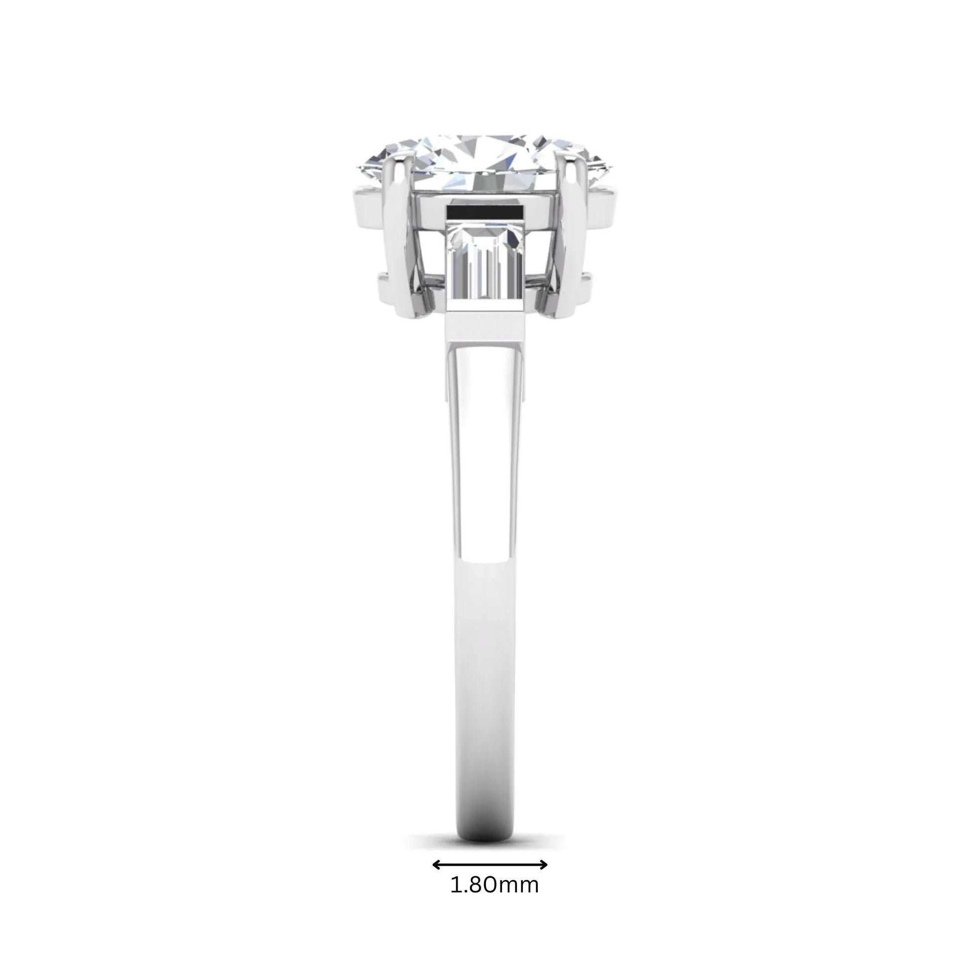 IGI Certified 1.86 carat oval cut lab grown diamond three stone engagement ring with baguette side diamonds in white gold.