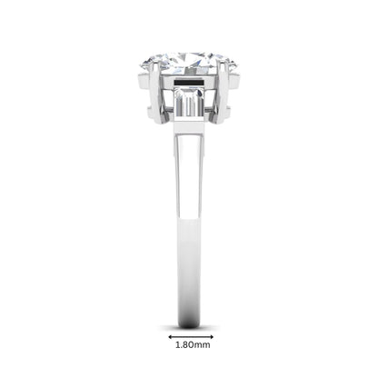 IGI Certified 1.86 carat oval cut lab grown diamond three stone engagement ring with baguette side diamonds in white gold.