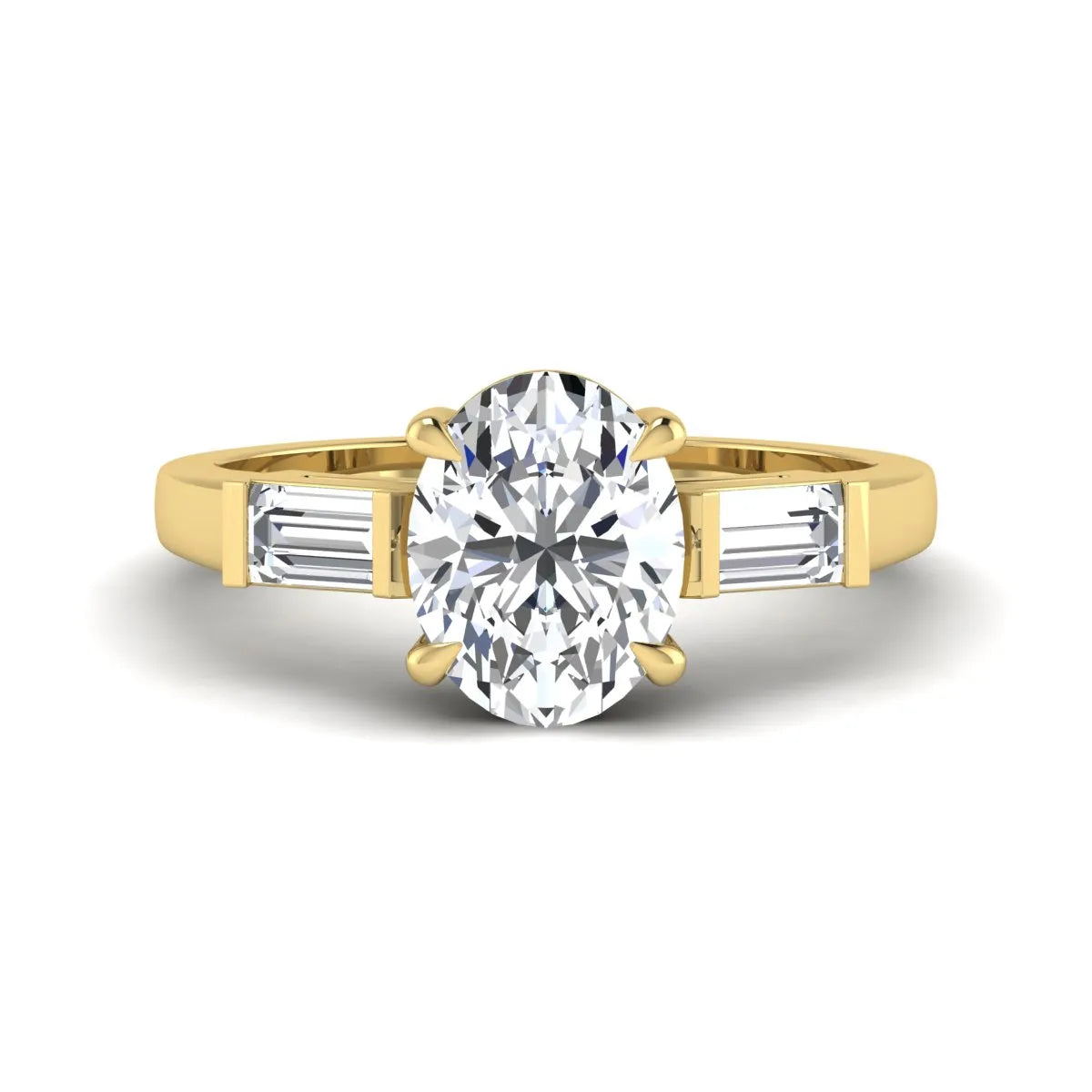 IGI Certified 1.86 carat oval cut lab grown diamond three stone engagement ring with baguette side diamonds in yellow gold.
