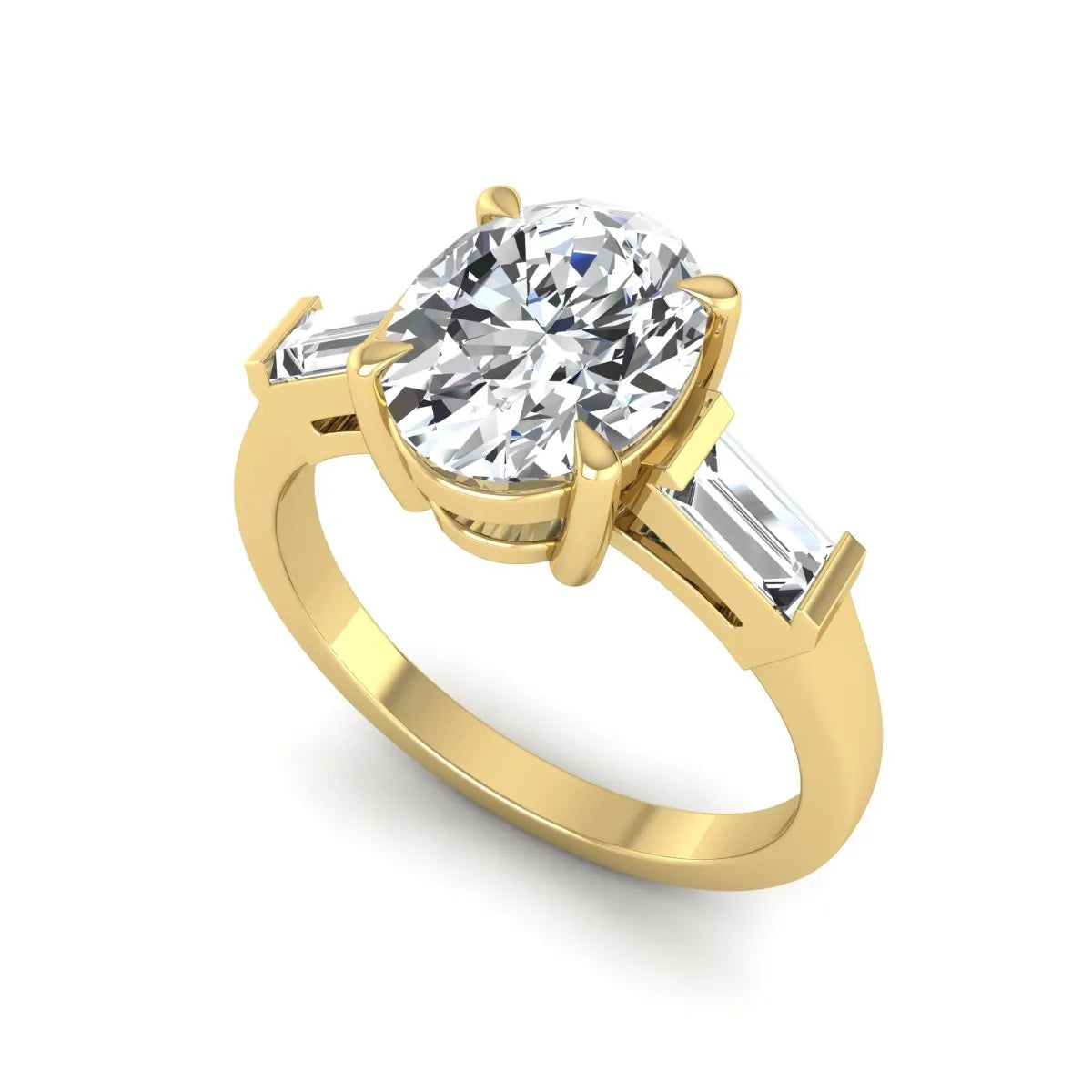IGI Certified 1.86 carat oval cut lab grown diamond three stone engagement ring with baguette side diamonds in yellow gold.