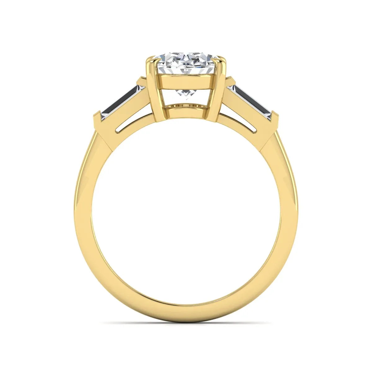 IGI Certified 1.86 carat oval cut lab grown diamond three stone engagement ring with baguette side diamonds in yellow gold.