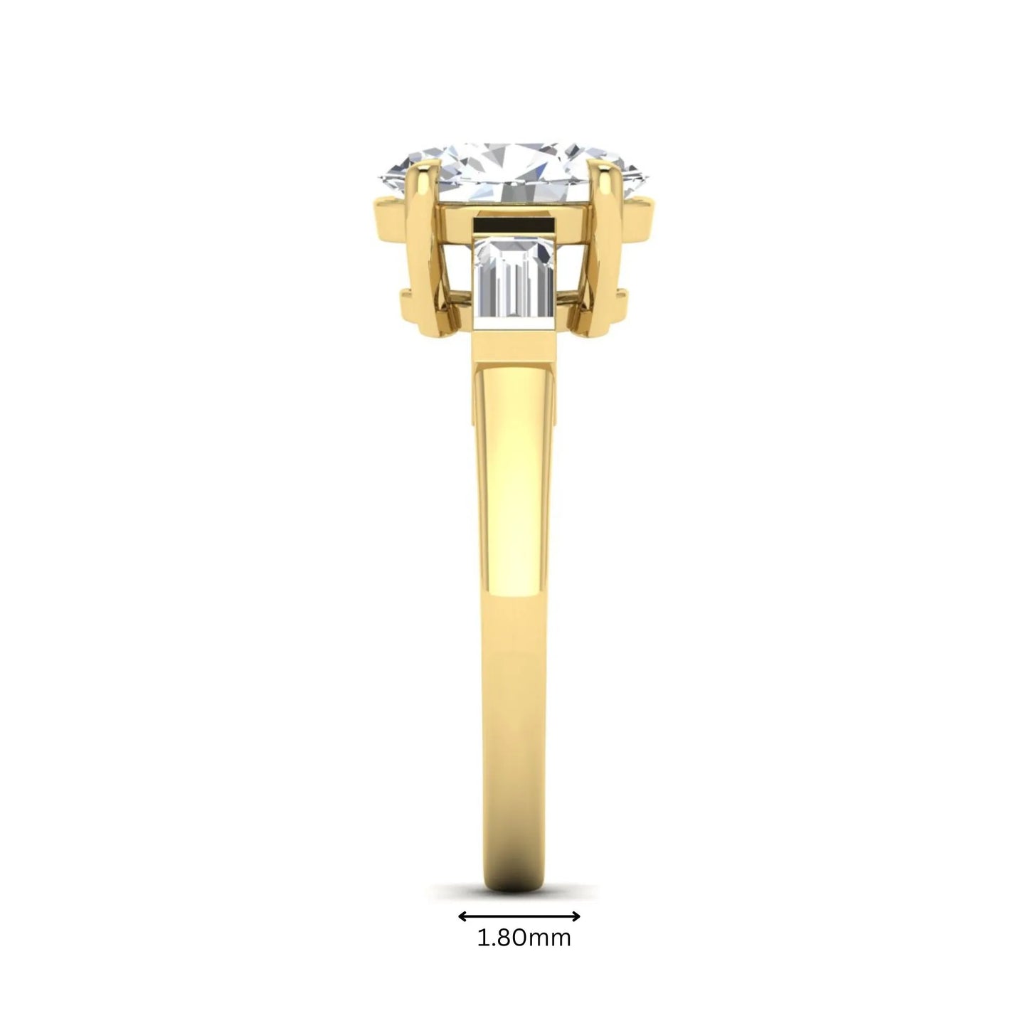 IGI Certified 1.86 carat oval cut lab grown diamond three stone engagement ring with baguette side diamonds in yellow gold.