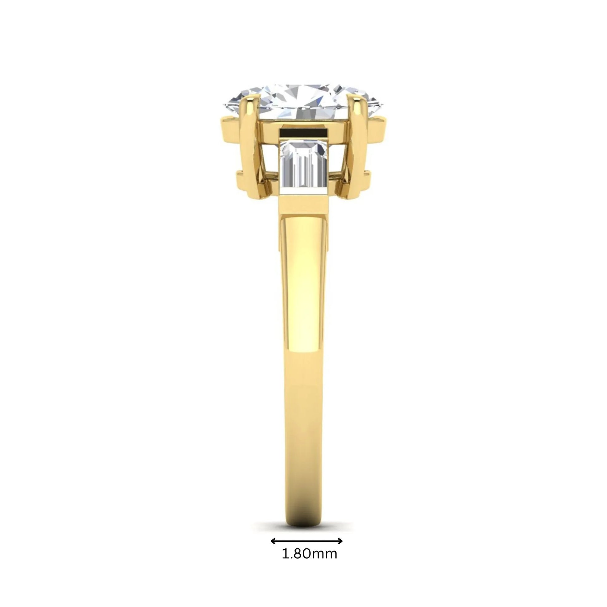 IGI Certified 1.86 carat oval cut lab grown diamond three stone engagement ring with baguette side diamonds in yellow gold.