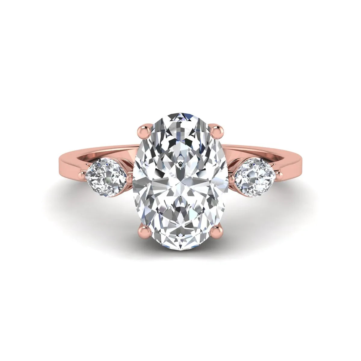 Oval cut lab grown diamond three stone engagement ring with marquise side diamonds in a prong setting featuring a rose gold tone design.