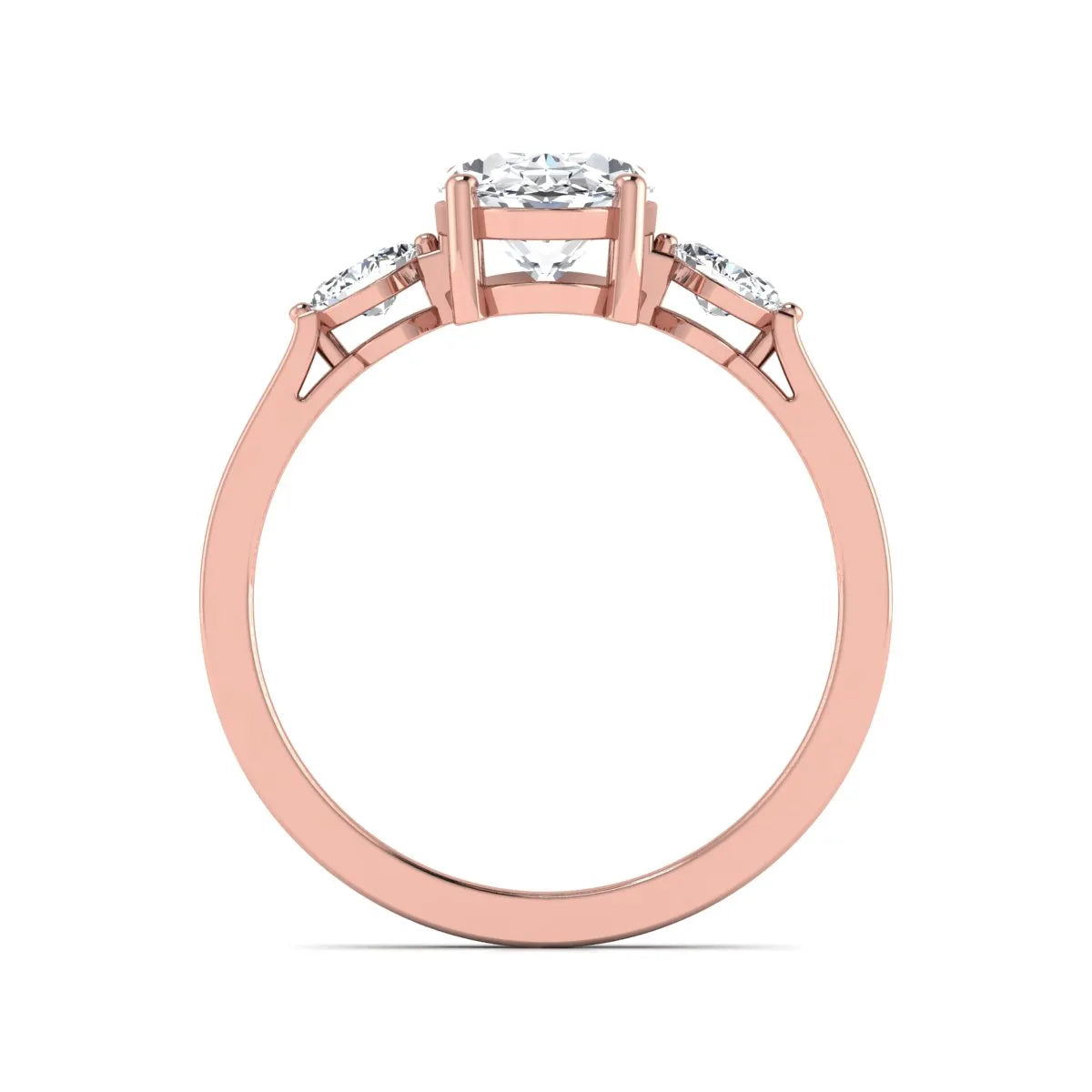Oval cut lab grown diamond three stone engagement ring with marquise side diamonds in a prong setting featuring a rose gold tone design.