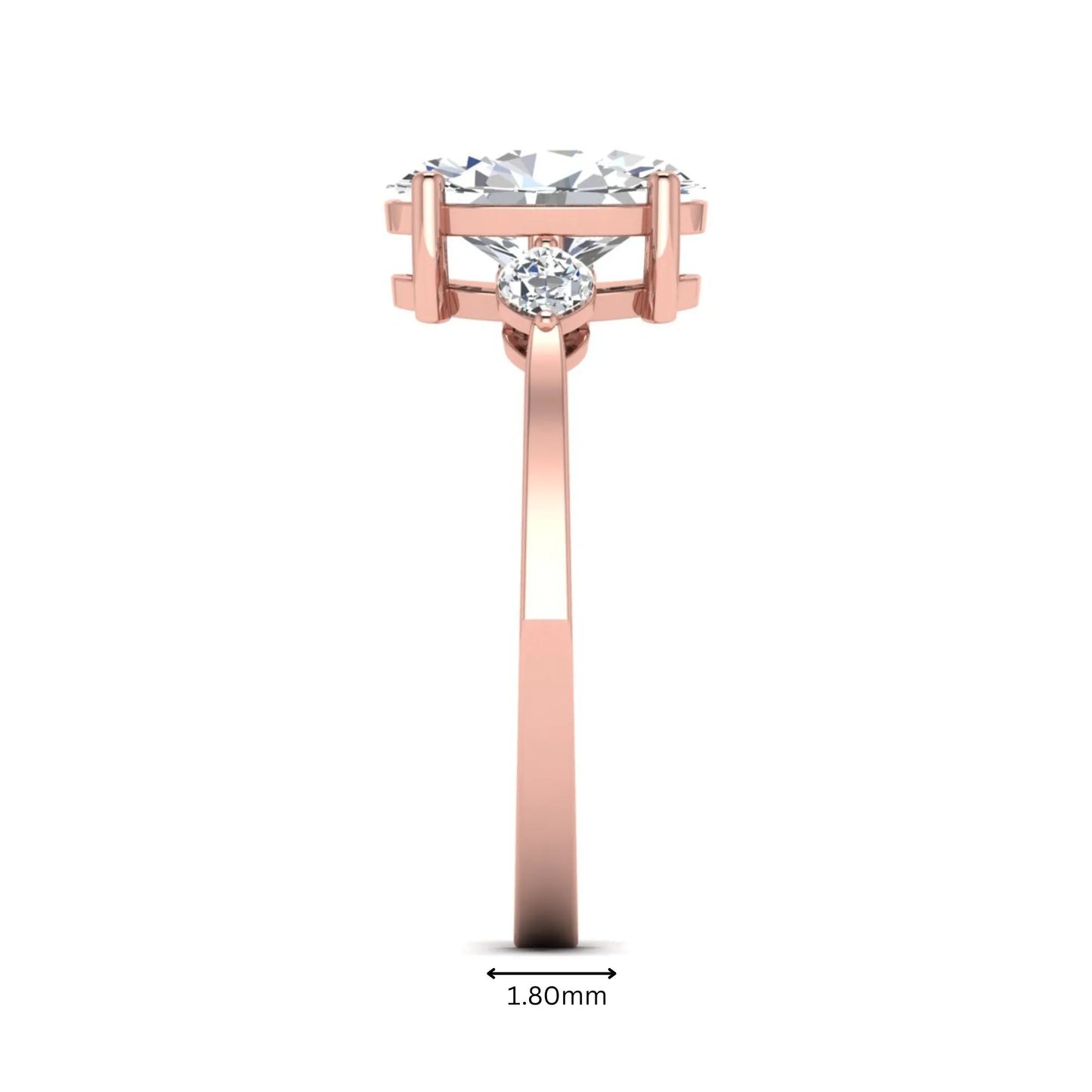 Oval cut lab grown diamond three stone engagement ring with marquise side diamonds in a prong setting featuring a rose gold tone design.