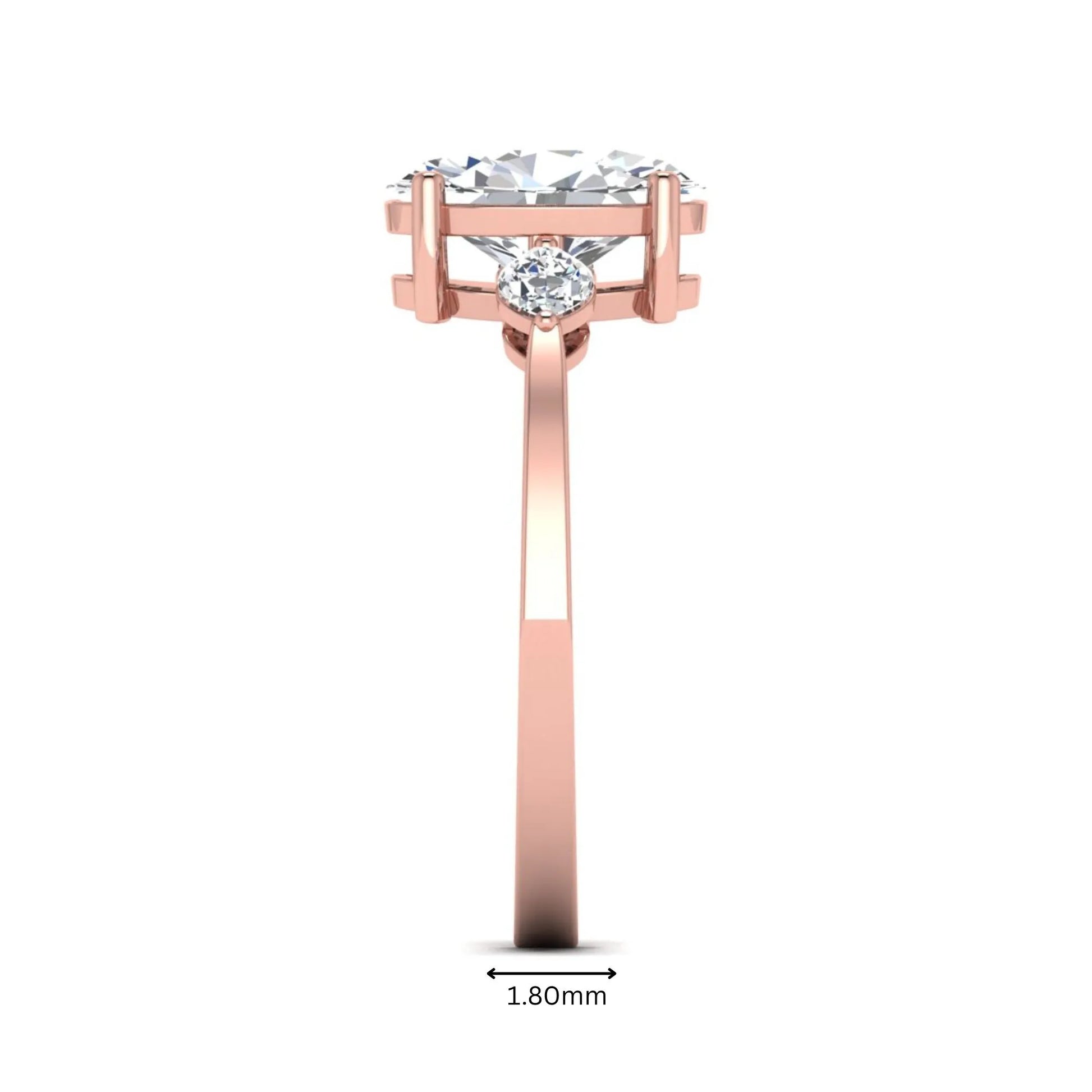 Oval cut lab grown diamond three stone engagement ring with marquise side diamonds in a prong setting featuring a rose gold tone design.