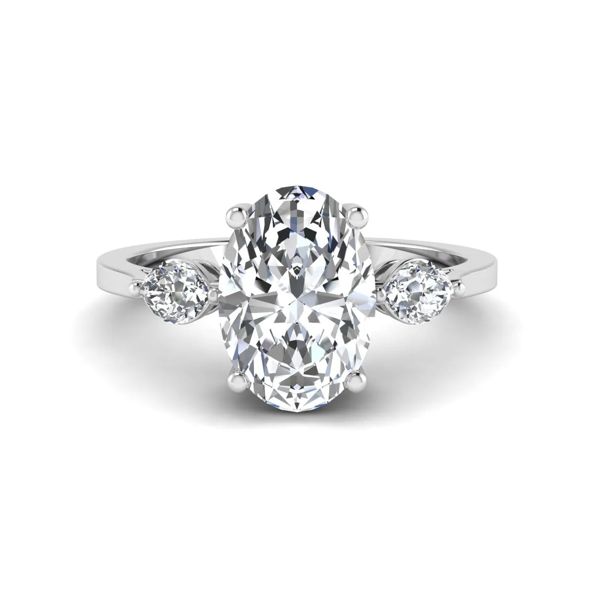 Oval cut lab grown diamond three stone engagement ring with marquise side diamonds in a prong setting featuring a white gold tone design.