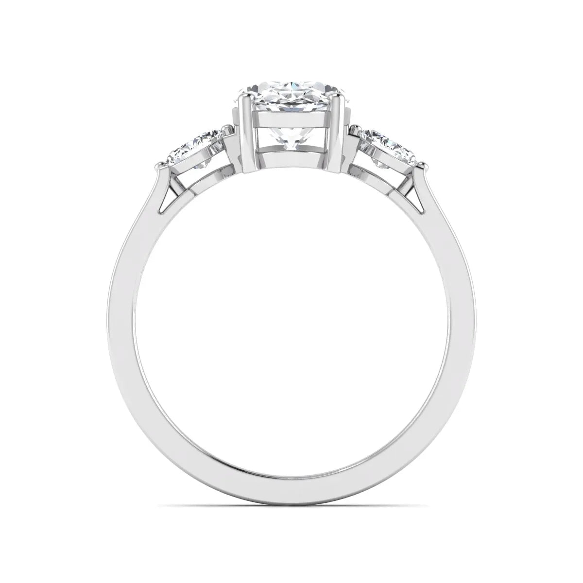 Oval cut lab grown diamond three stone engagement ring with marquise side diamonds in a prong setting featuring a white gold tone design.