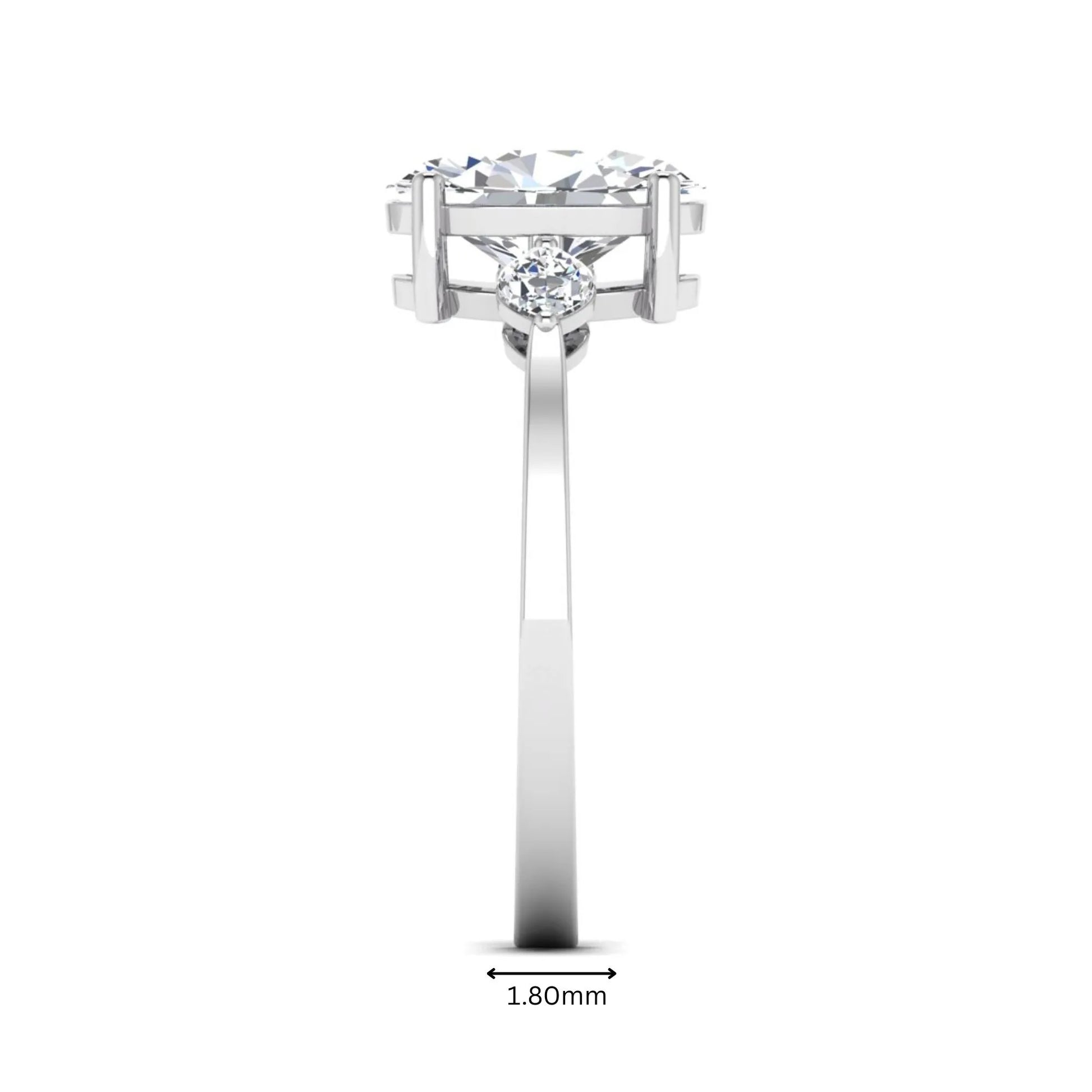 Oval cut lab grown diamond three stone engagement ring with marquise side diamonds in a prong setting featuring a white gold tone design.