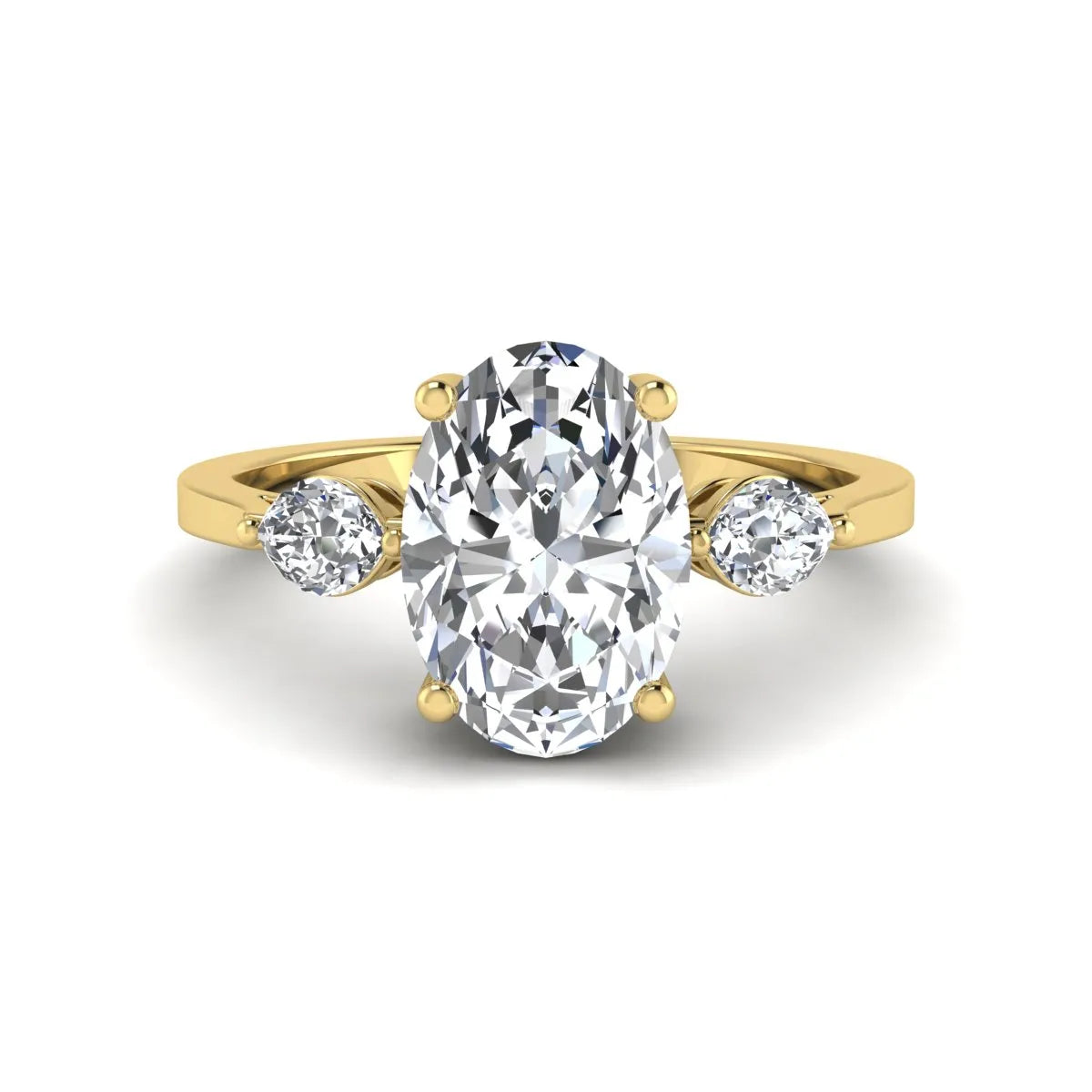 Oval cut lab grown diamond three stone engagement ring with marquise side diamonds in a prong setting featuring a yellow gold tone design.