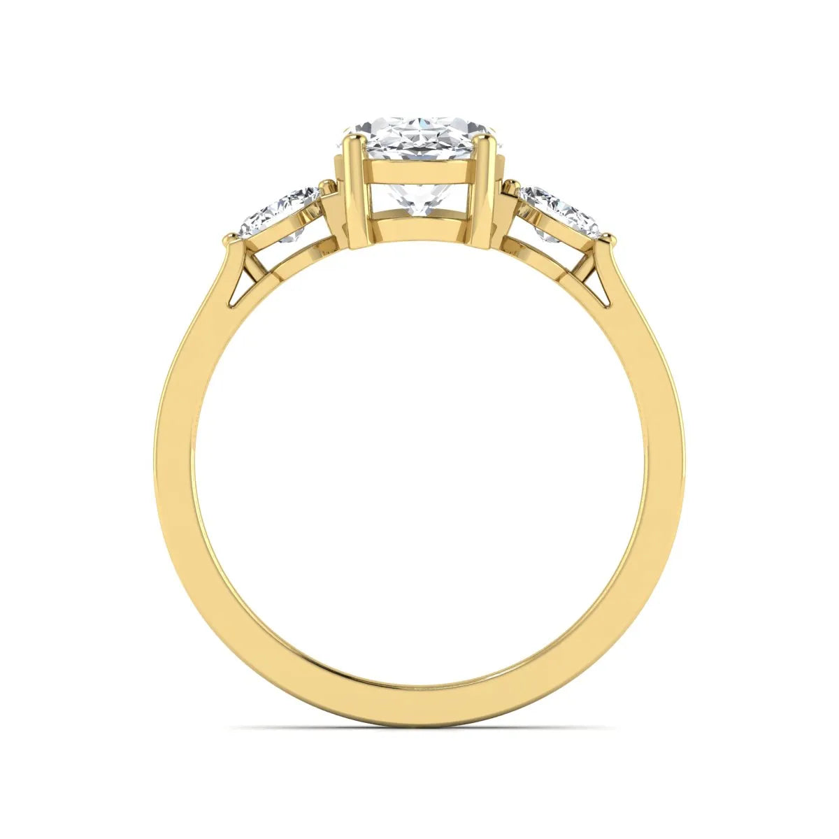 Oval cut lab grown diamond three stone engagement ring with marquise side diamonds in a prong setting featuring a yellow gold tone design.