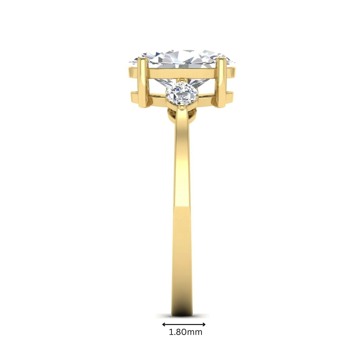 Oval cut lab grown diamond three stone engagement ring with marquise side diamonds in a prong setting featuring a yellow gold tone design.