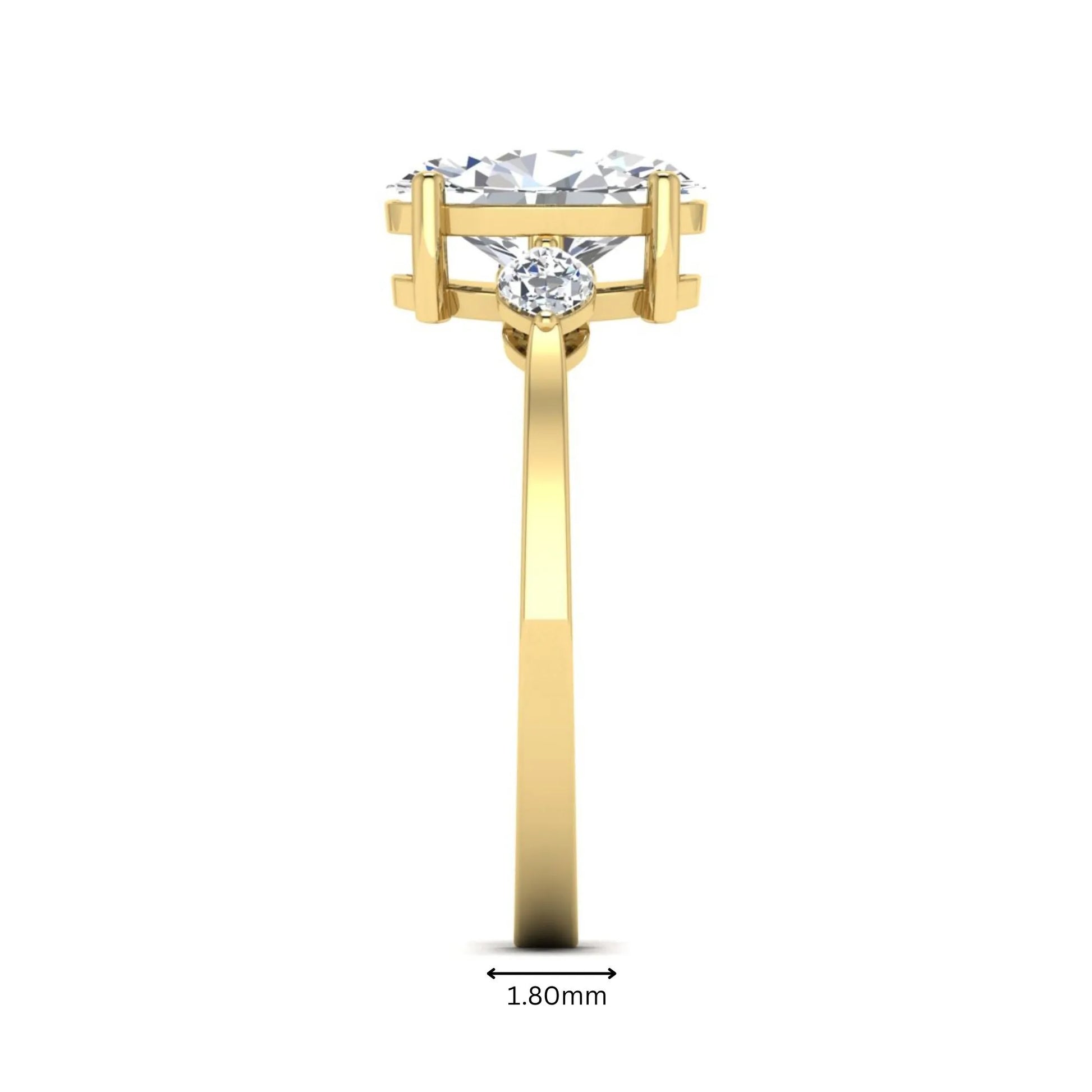 Oval cut lab grown diamond three stone engagement ring with marquise side diamonds in a prong setting featuring a yellow gold tone design.