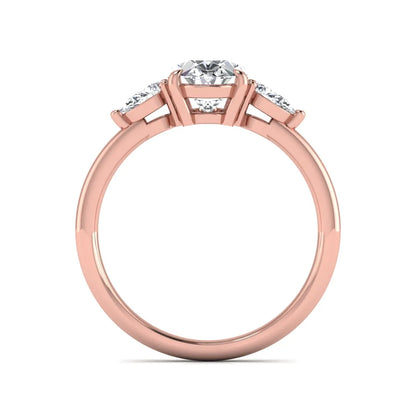 Oval cut lab grown diamond three stone engagement ring with pear side diamonds in a prong setting featuring a rose gold tone design.