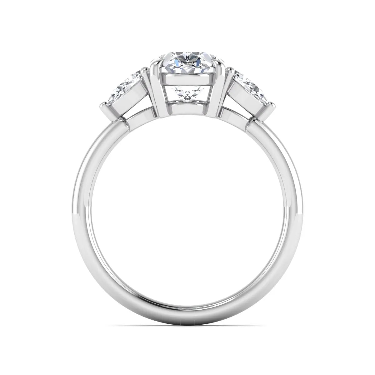 Oval cut lab grown diamond three stone engagement ring with pear cut side diamonds in a prong setting on a polished white gold band.