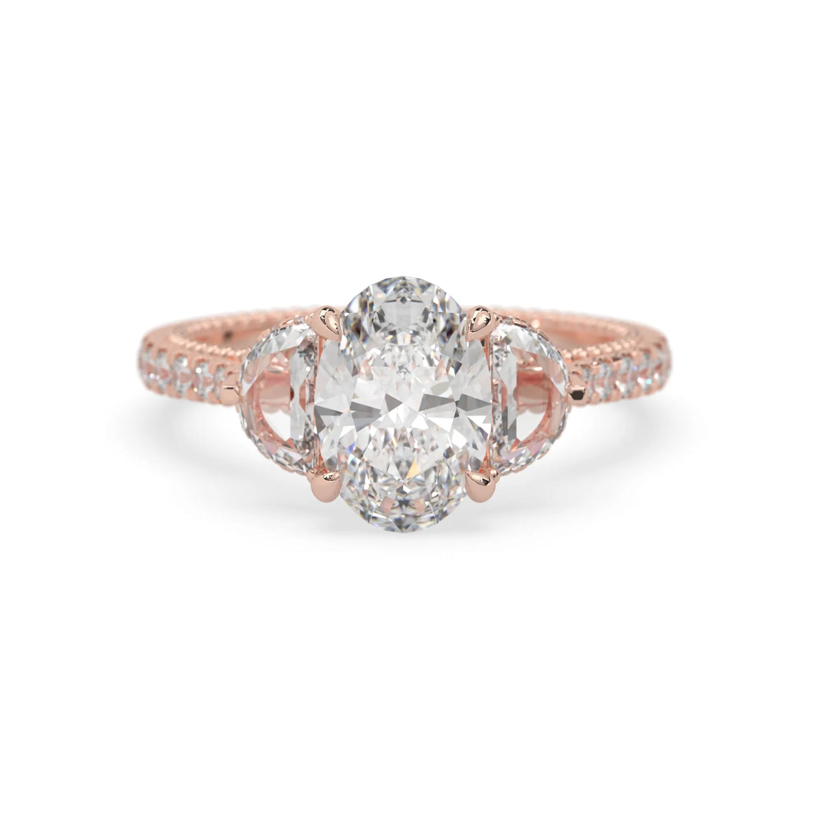 Oval three stone pavé lab grown diamond engagement ring with round and half moon side diamonds in rose gold