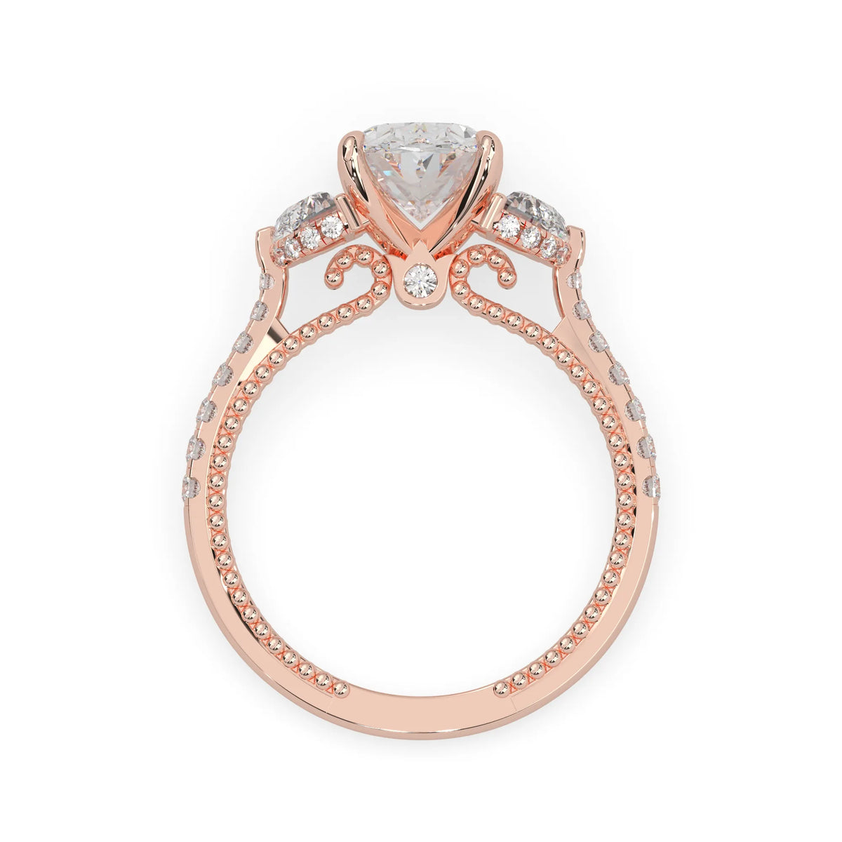 Oval three stone pavé lab grown diamond engagement ring with round and half moon side diamonds in rose gold