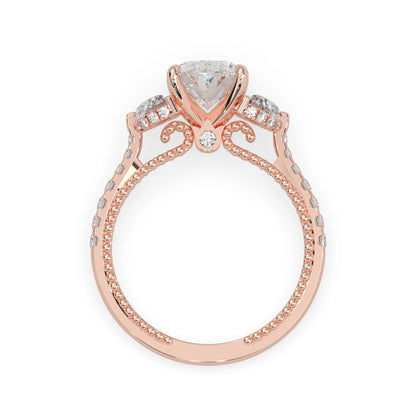 Oval three stone pavé lab grown diamond engagement ring with round and half moon side diamonds in rose gold