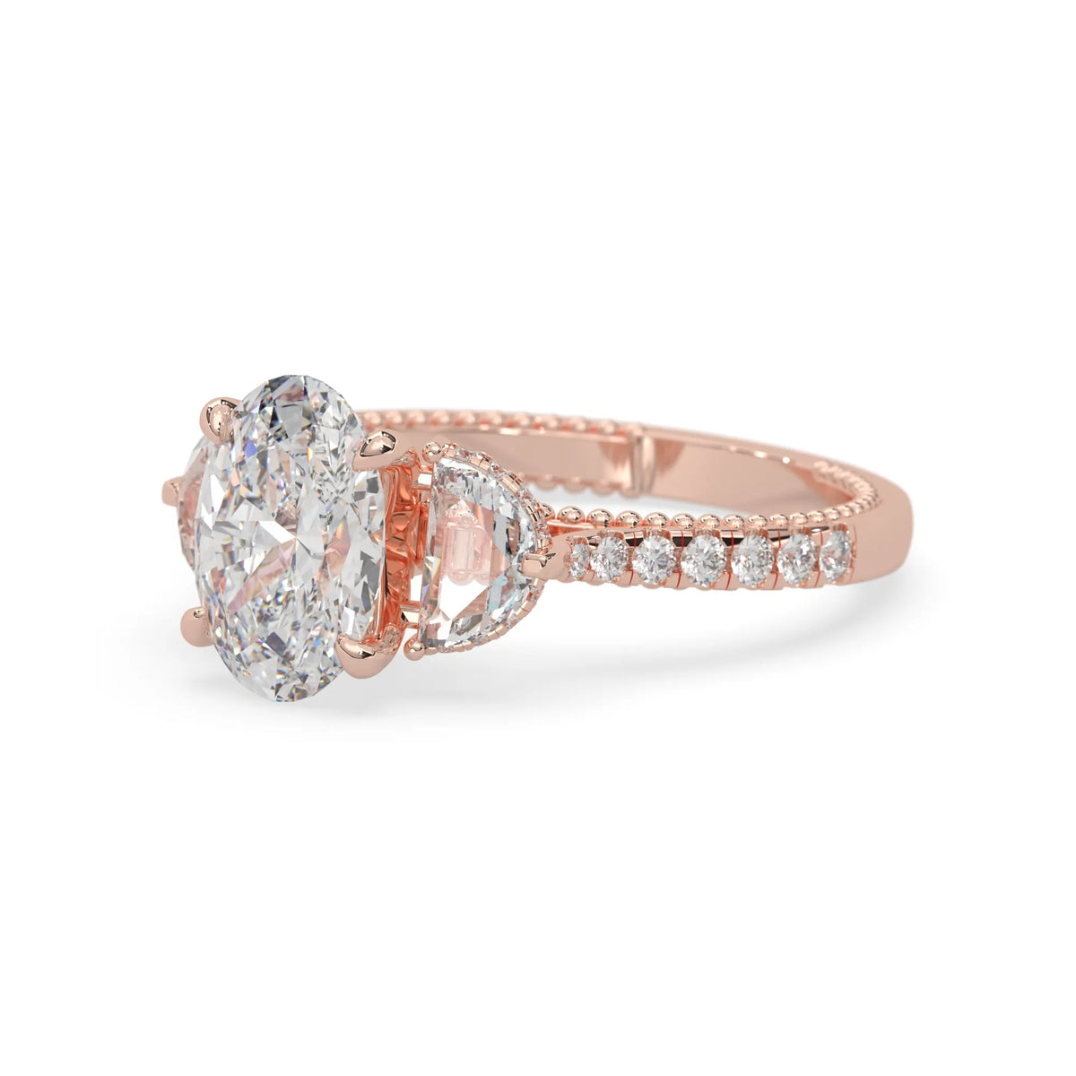 Oval three stone pavé lab grown diamond engagement ring with round and half moon side diamonds in rose gold
