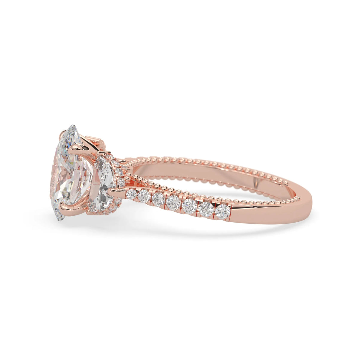 Oval three stone pavé lab grown diamond engagement ring with round and half moon side diamonds in rose gold