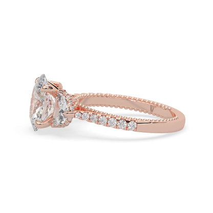 Oval three stone pavé lab grown diamond engagement ring with round and half moon side diamonds in rose gold