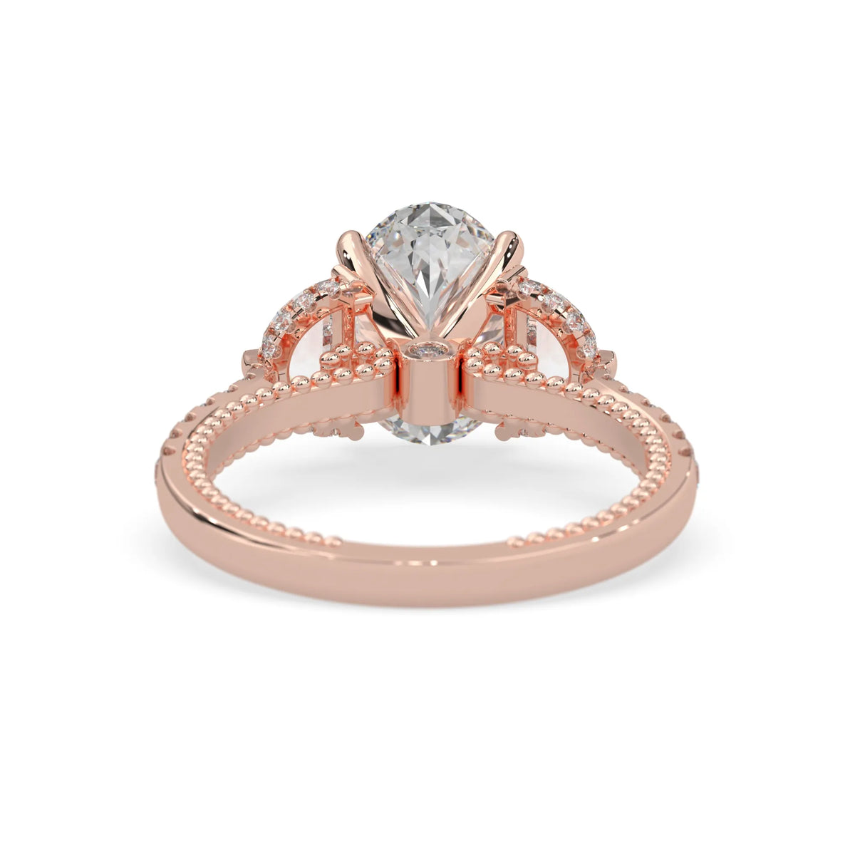 Oval three stone pavé lab grown diamond engagement ring with round and half moon side diamonds in rose gold