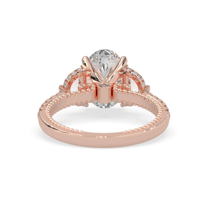 Oval three stone pavé lab grown diamond engagement ring with round and half moon side diamonds in rose gold