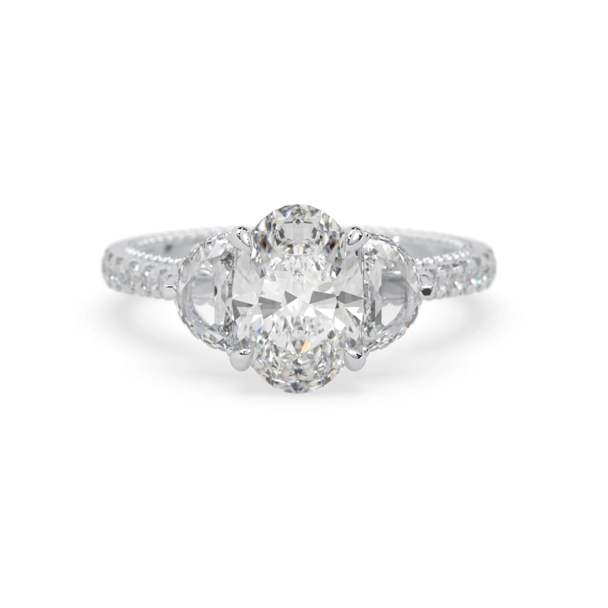 Oval three stone pavé lab grown diamond engagement ring with round and half moon side diamonds in white gold