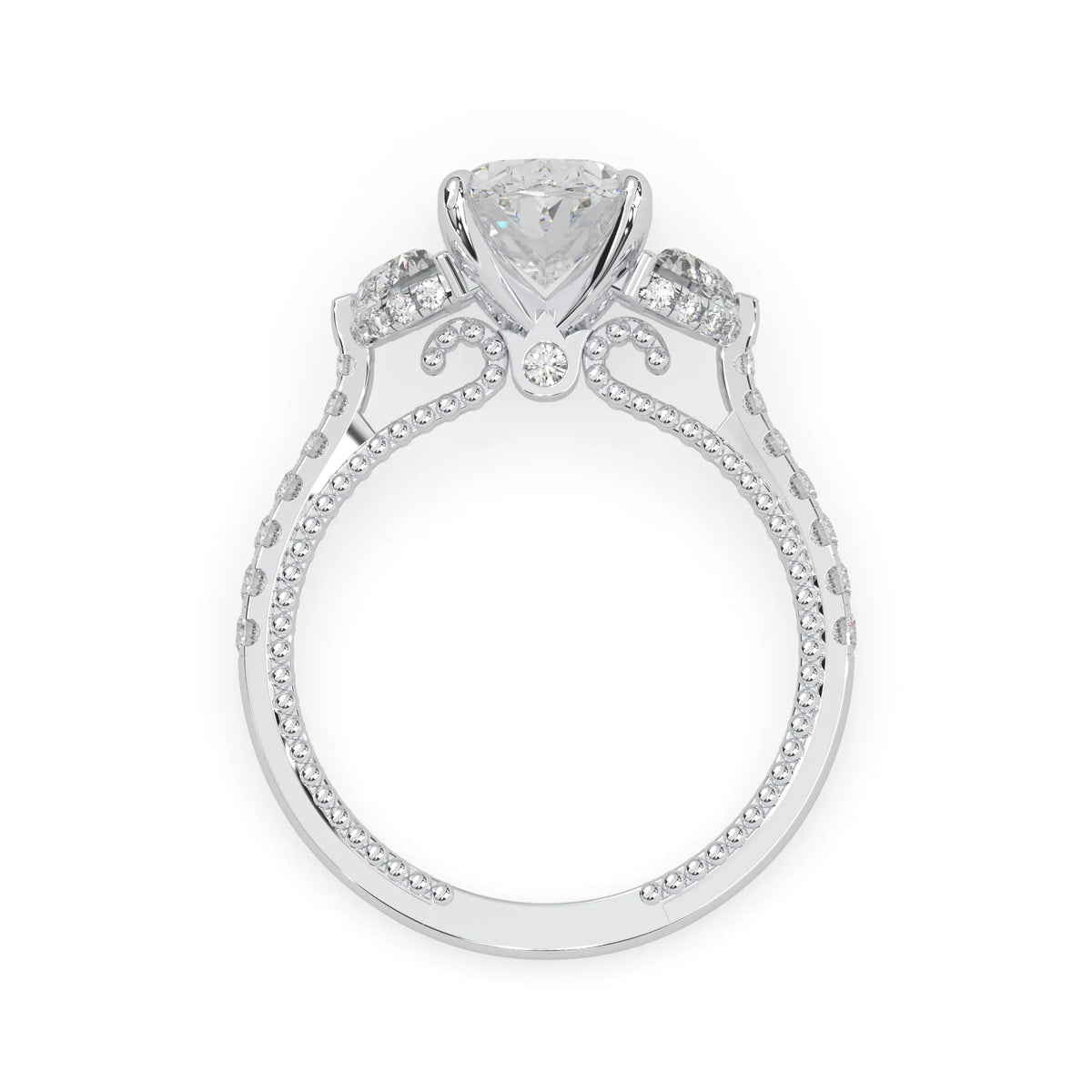 Oval three stone pavé lab grown diamond engagement ring with round and half moon side diamonds in white gold