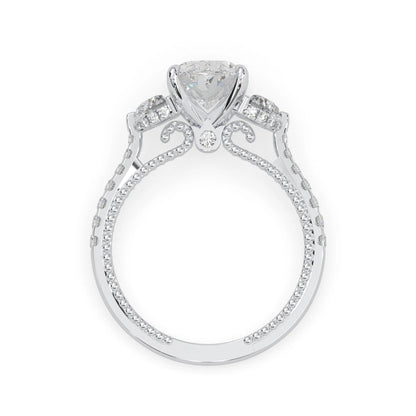 Oval three stone pavé lab grown diamond engagement ring with round and half moon side diamonds in white gold