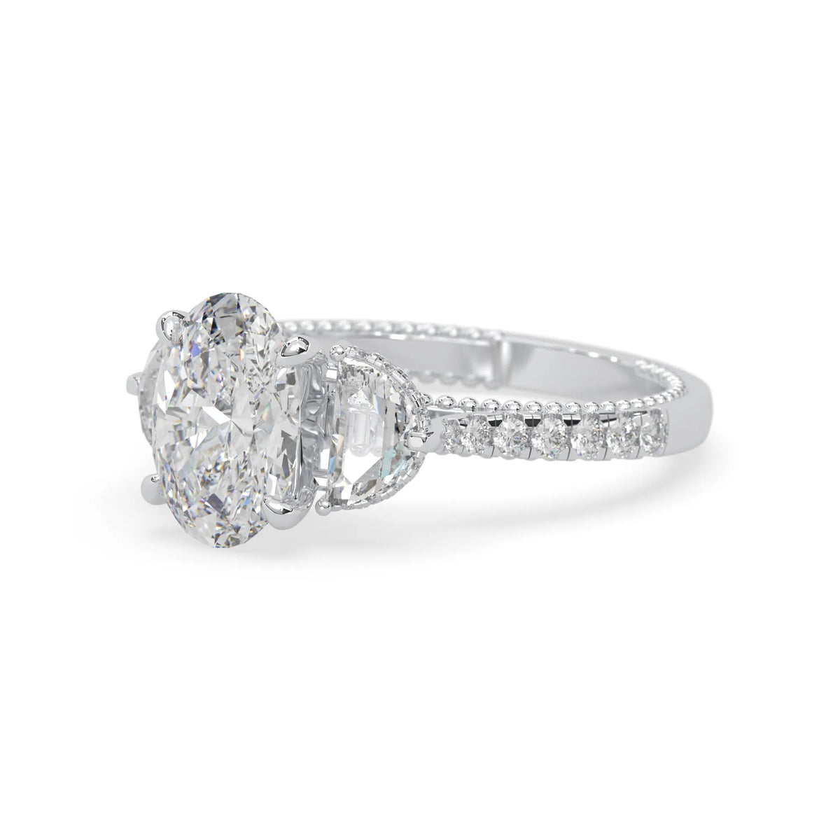 Oval three stone pavé lab grown diamond engagement ring with round and half moon side diamonds in white gold