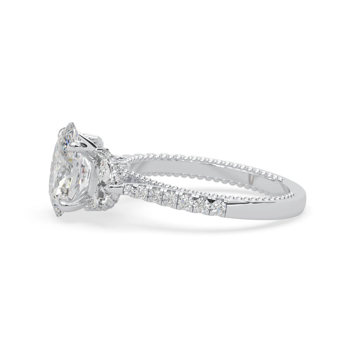 Oval three stone pavé lab grown diamond engagement ring with round and half moon side diamonds in white gold