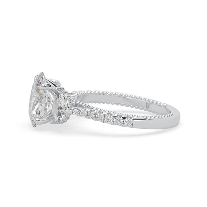 Oval three stone pavé lab grown diamond engagement ring with round and half moon side diamonds in white gold
