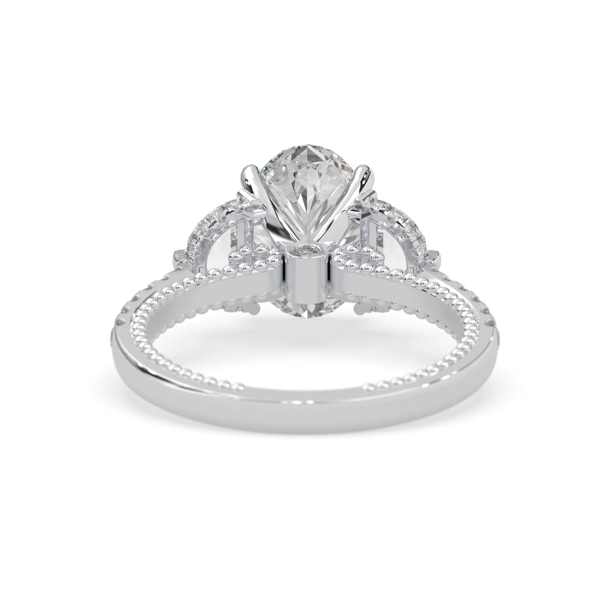 Oval three stone pavé lab grown diamond engagement ring with round and half moon side diamonds in white gold