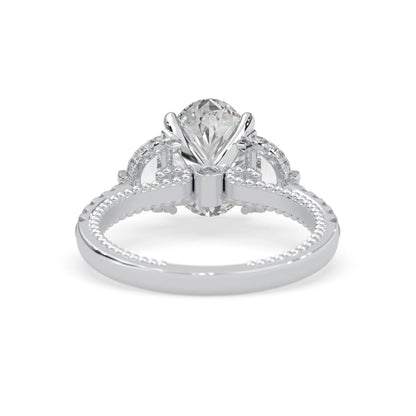 Oval three stone pavé lab grown diamond engagement ring with round and half moon side diamonds in white gold