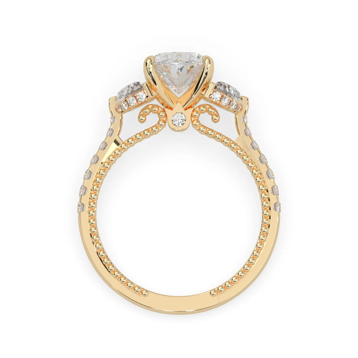 Oval three stone pavé lab grown diamond engagement ring with round and half moon side diamonds in yellow gold