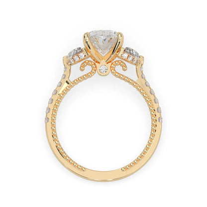 Oval three stone pavé lab grown diamond engagement ring with round and half moon side diamonds in yellow gold