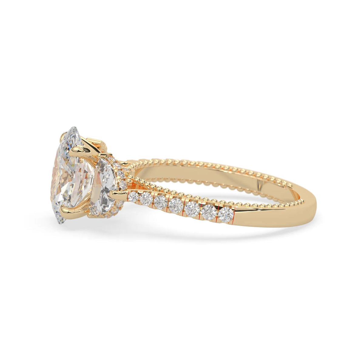 Oval three stone pavé lab grown diamond engagement ring with round and half moon side diamonds in yellow gold