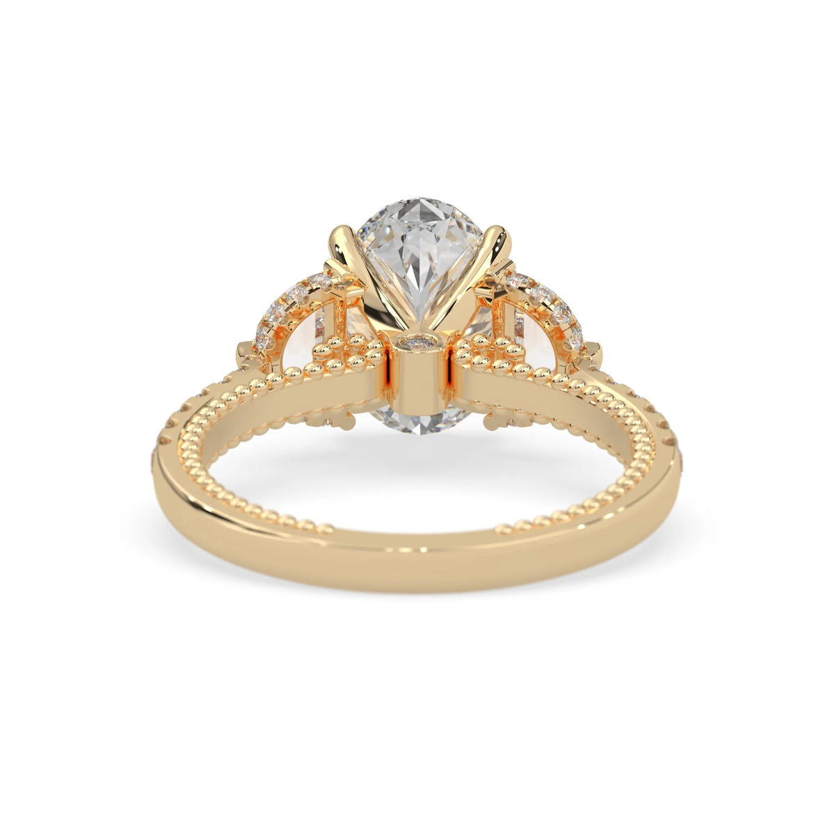 Oval three stone pavé lab grown diamond engagement ring with round and half moon side diamonds in yellow gold