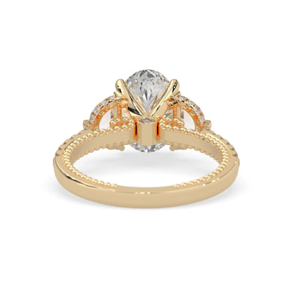 Oval three stone pavé lab grown diamond engagement ring with round and half moon side diamonds in yellow gold