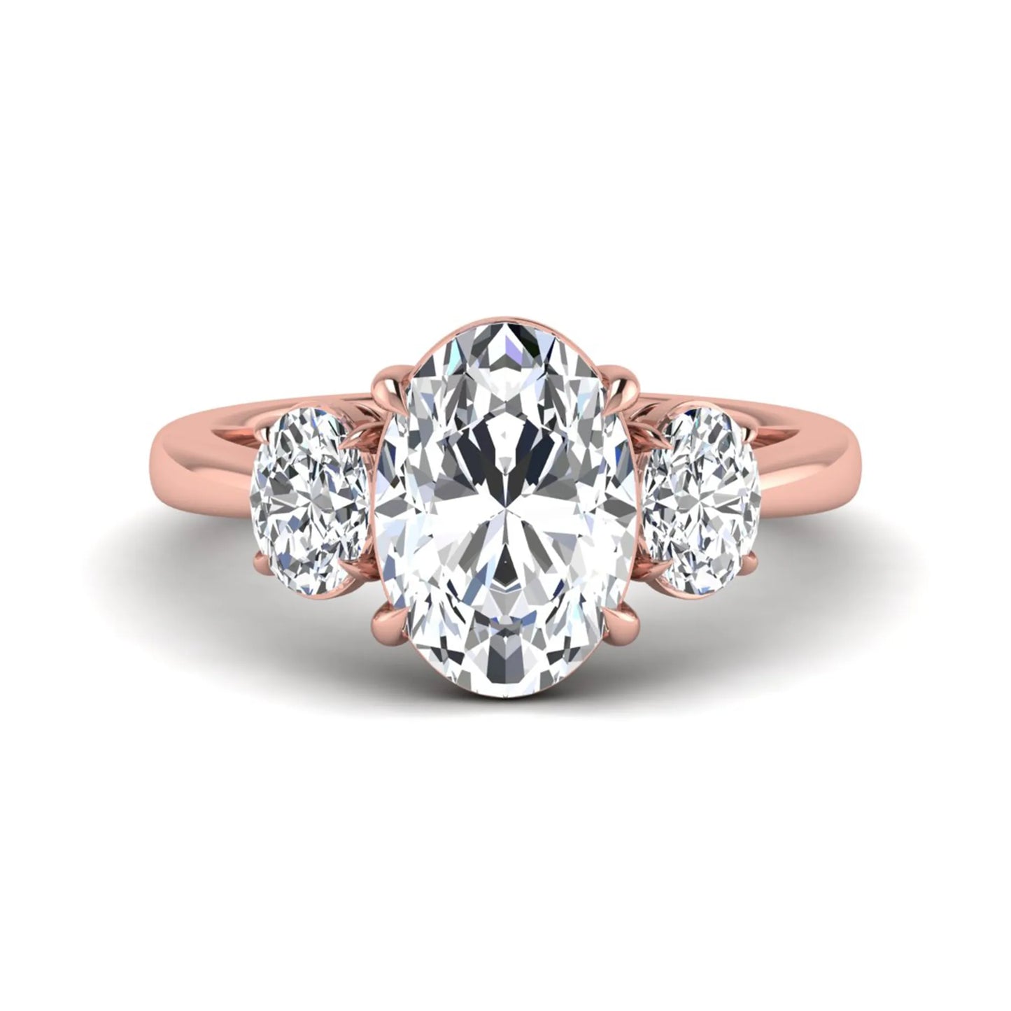 Oval three stone prong set lab grown diamond engagement ring featuring a 3.00 carat oval center diamond with matching oval side diamonds in rose gold finish.