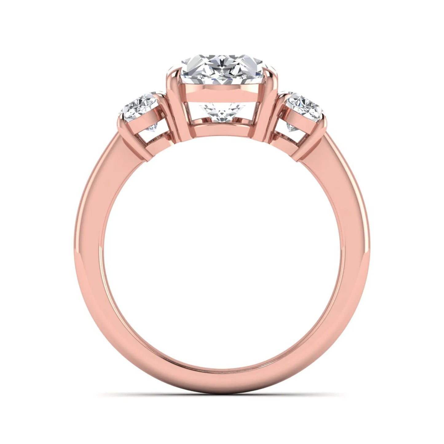 Oval three stone prong set lab grown diamond engagement ring featuring a 3.00 carat oval center diamond with matching oval side diamonds in rose gold finish.