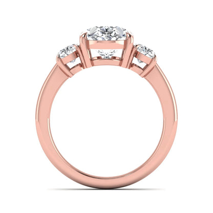 Oval three stone prong set lab grown diamond engagement ring featuring a 3.00 carat oval center diamond with matching oval side diamonds in rose gold finish.
