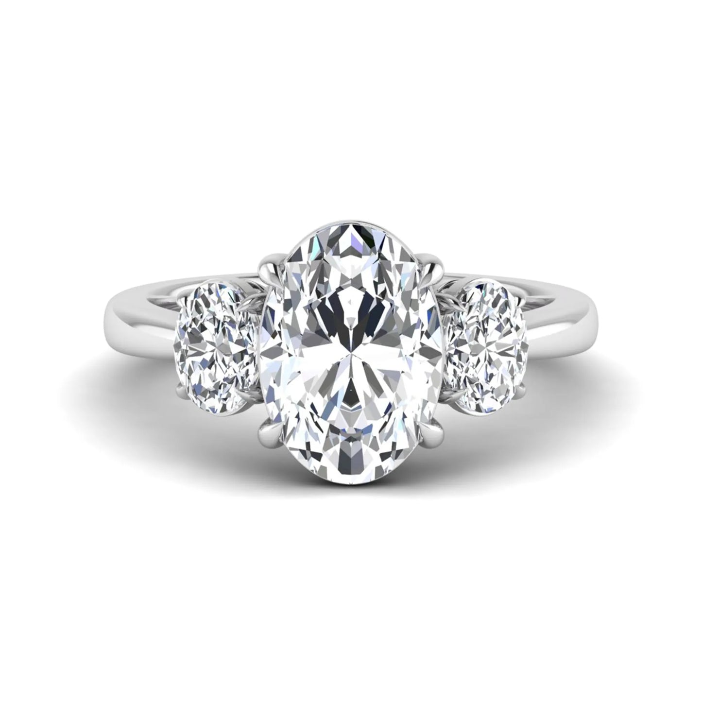 Oval three stone prong set lab grown diamond engagement ring featuring a 3.00 carat oval center diamond with matching oval side diamonds in white gold finish.