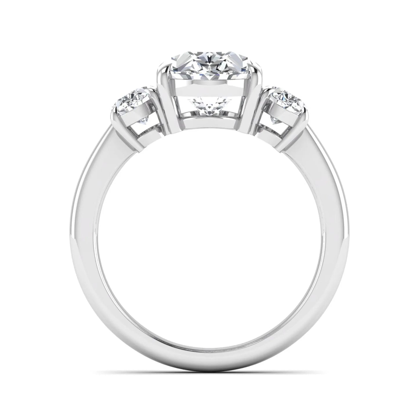 Oval three stone prong set lab grown diamond engagement ring featuring a 3.00 carat oval center diamond with matching oval side diamonds in white gold finish.