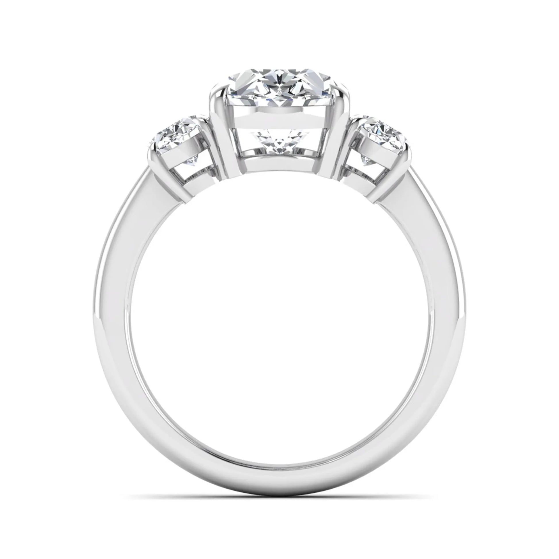 Oval three stone prong set lab grown diamond engagement ring featuring a 3.00 carat oval center diamond with matching oval side diamonds in white gold finish.
